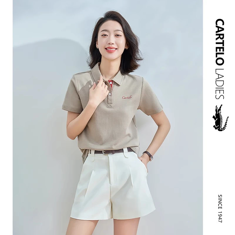 CARTELO LADIES纯棉POLO衫女T恤夏季Polo领短袖正肩纯色显瘦上衣