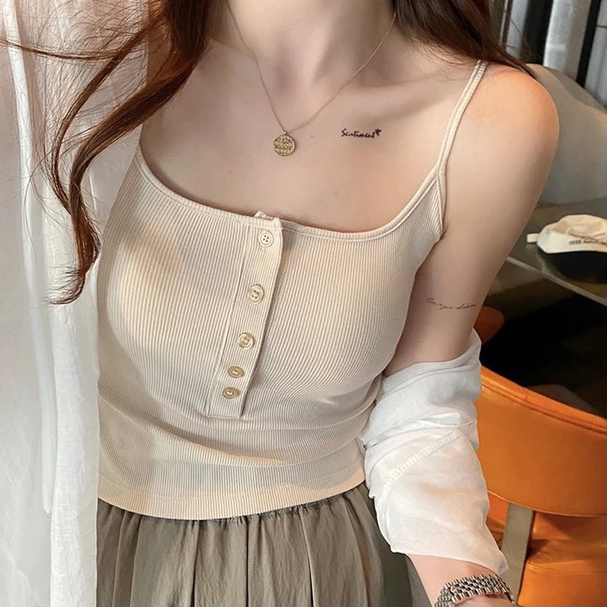 【高品质原版】早秋内搭纽扣吊带背心女百搭带胸垫美背修身显瘦打底