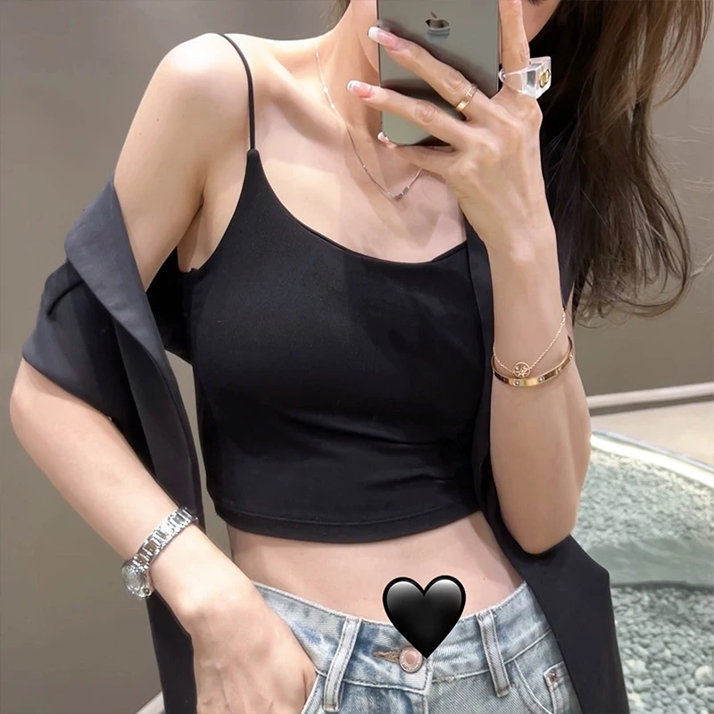 性感细肩带吊带背心女设计感带胸垫一体美背纯欲风外穿内搭抹胸女