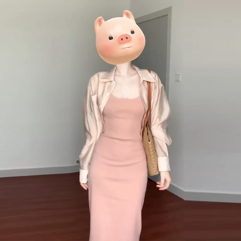 法式粉色吊带连衣裙子女2025早春新款小个子包臀长裙套装2594