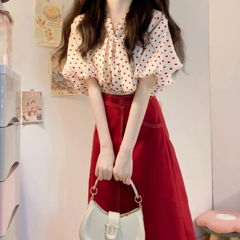 港风复古红色波点衬衫女装夏季a字半身长裙两件套装裙4682