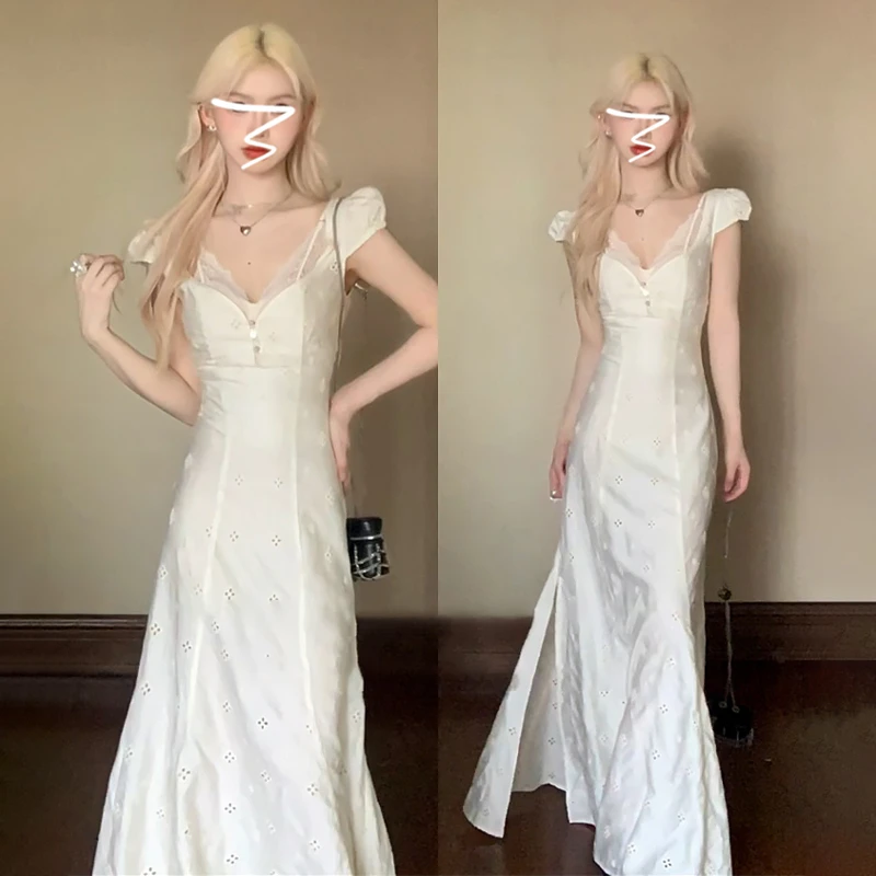 小飞袖v领法式收腰长裙吊带内搭2025夏季温柔风连衣裙套装2289