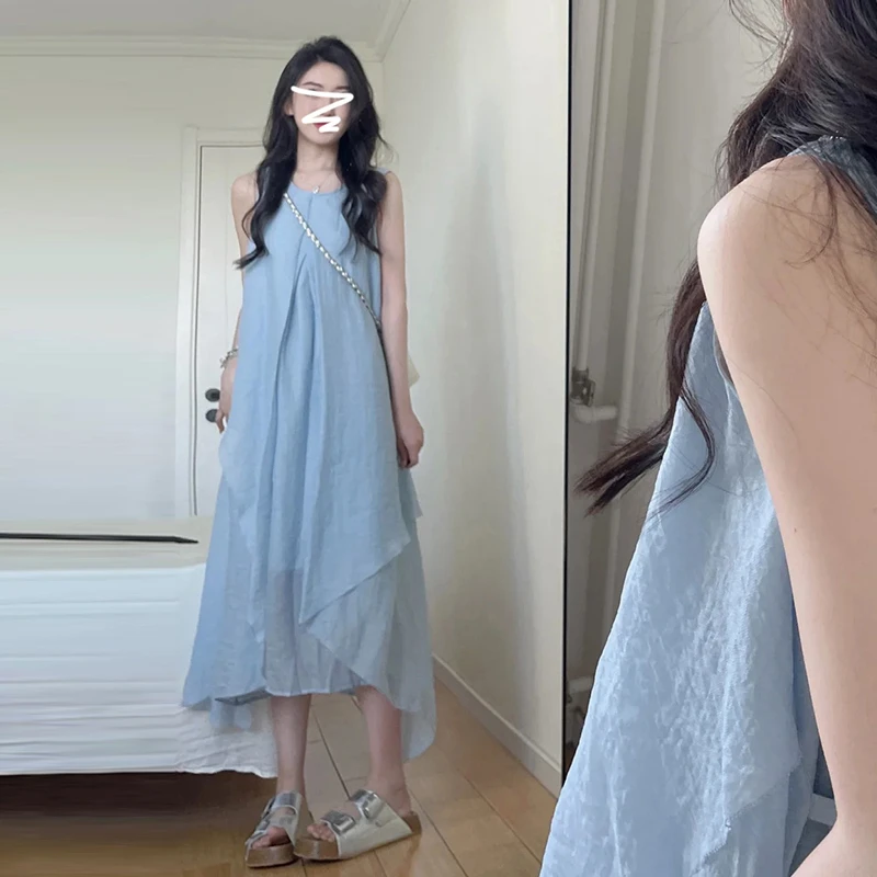 法式蓝色无袖背心连衣裙子女装夏季新款小个子高级感长裙3749