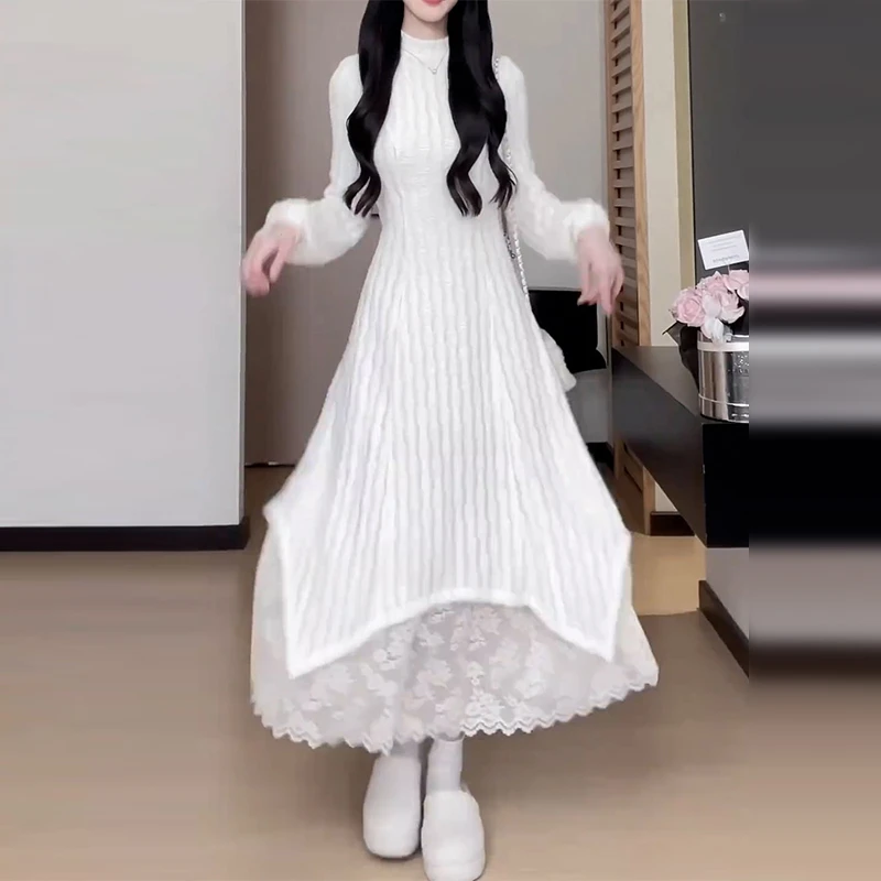 YouSee法式高级感白色蕾丝连衣裙子女冬季2025气质内搭长裙7232