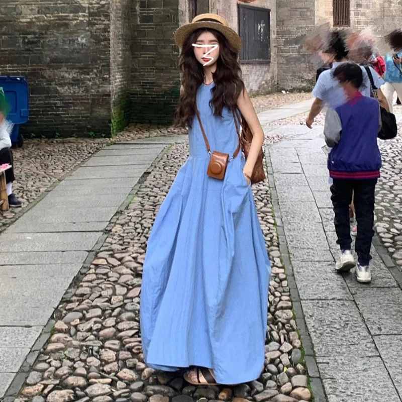 法式蓝色无袖背心连衣裙子女夏季2025新款海边度假长裙2622