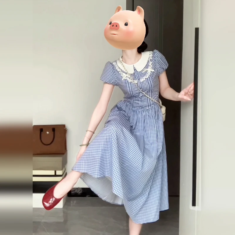 蓝白格子娃娃领连衣裙子2025新款女夏季法式气质长裙3882