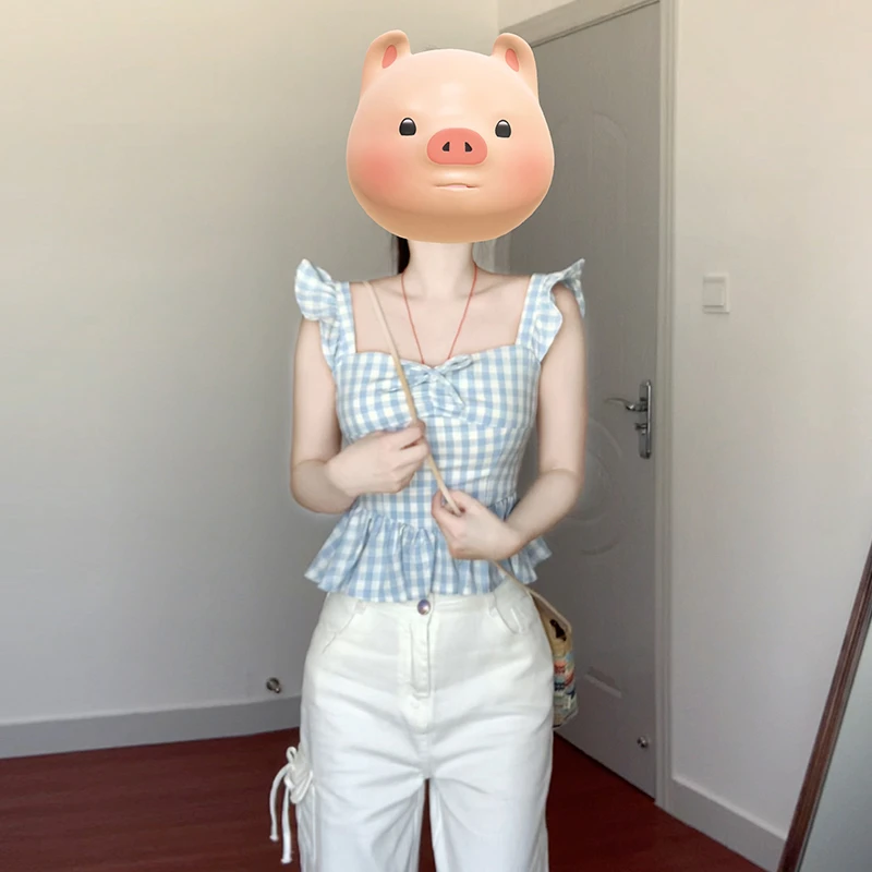 2025新款女装显瘦洋气针织夏季修身格子飞飞袖设计感上衣43832