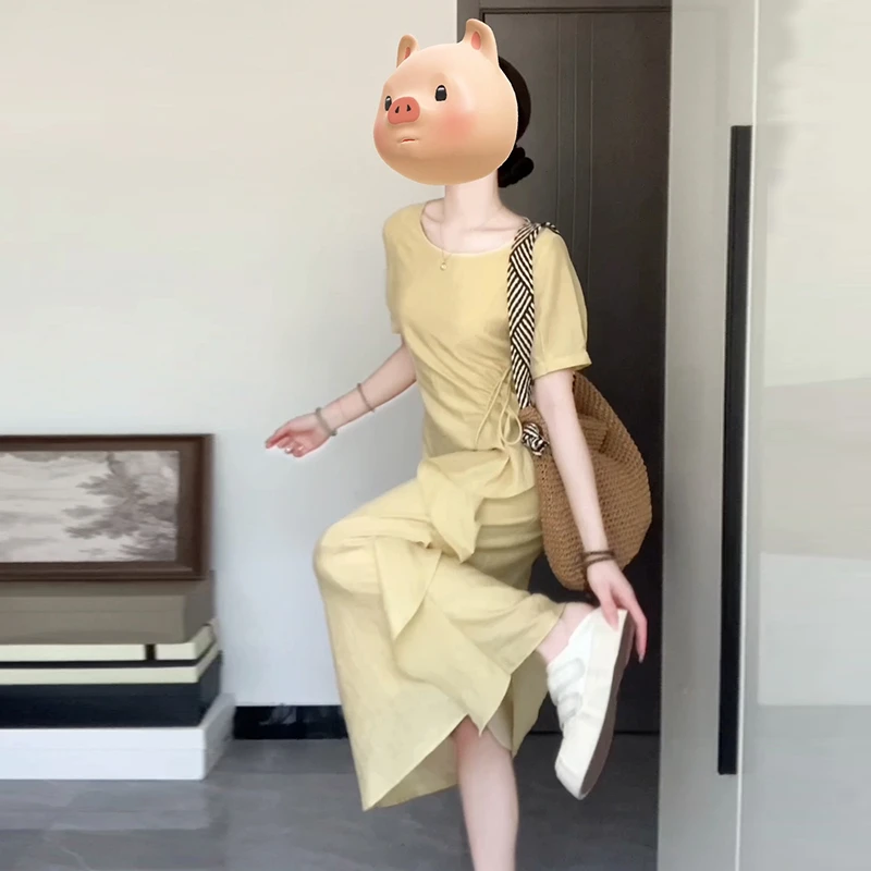 绑带设计感法式连衣裙女夏季2025新款显瘦小个子收腰长裙3789