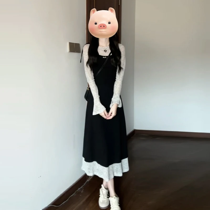 法式高级感假两件黑色连衣裙子2025秋季新款显瘦长裙5416