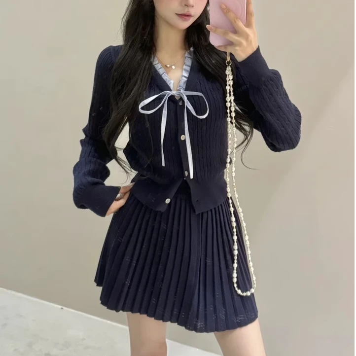 蓝色法式学院风针织连衣裙子女秋季韩系小香风穿搭套装短裙6723