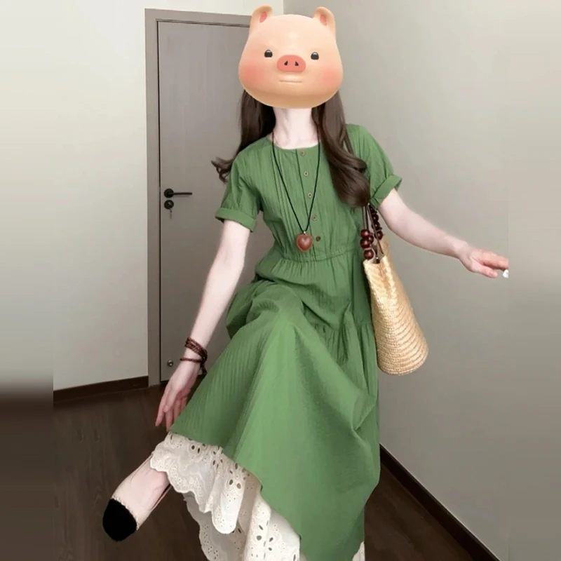 特价法式绿色短袖连衣裙子女夏季2024新款小个子高级感长裙4273