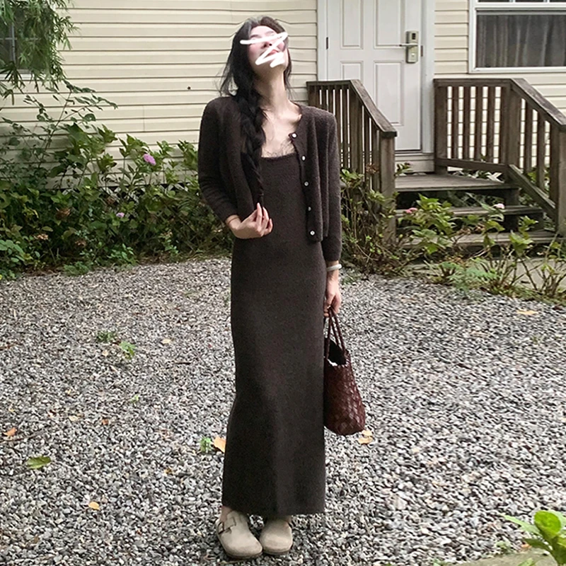 法式毛衣针织上衣吊带连衣裙套装女早秋季2024新款小个子韩系6138