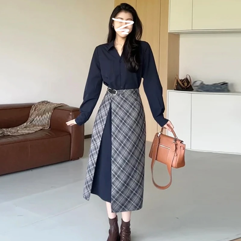 法式长袖假两件衬衫连衣裙子2024早秋季新款女装气质格子裙5846