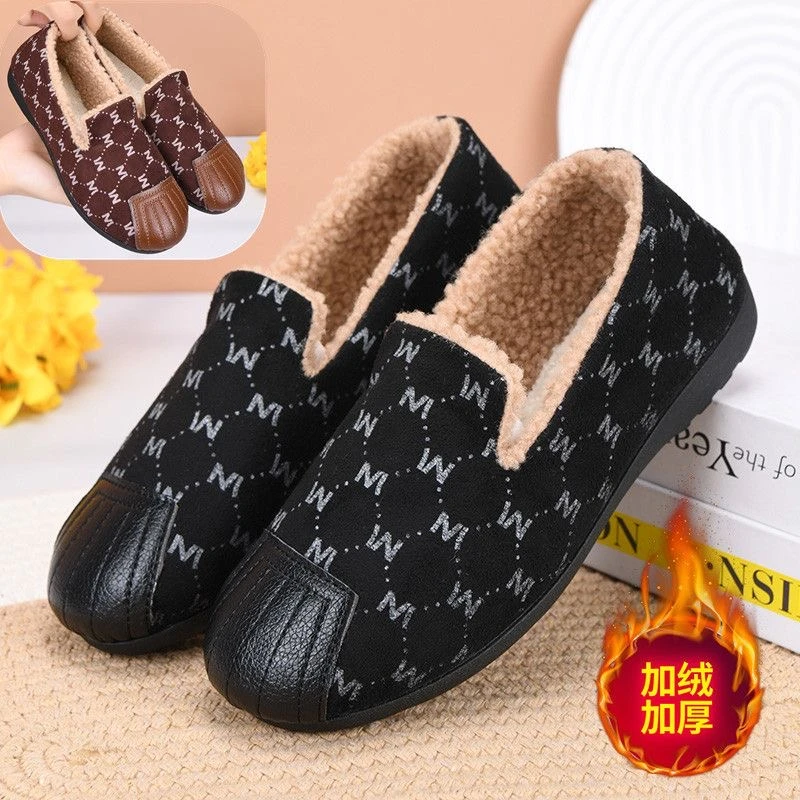 冬季加绒加厚豆豆鞋软底防滑女毛毛鞋中老年室内外妈妈一脚蹬棉鞋