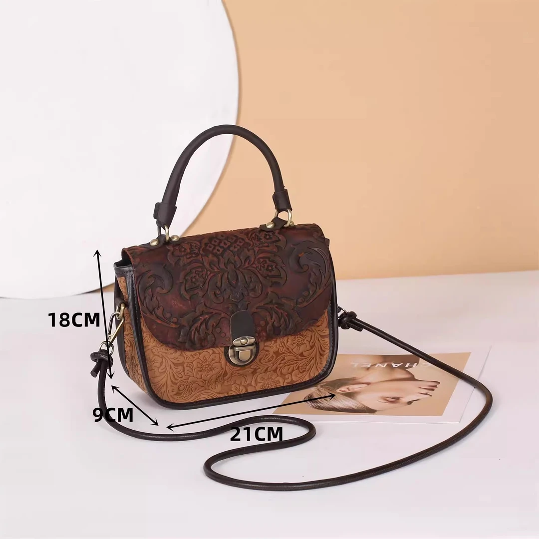 土黄3#1089花纹（有色差）头层牛皮疯马牛皮真皮斜挎女包复古