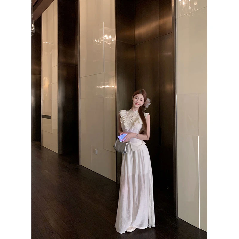 2024夏季新款新中式刺绣盘扣绣花蕾丝上衣女高腰半开衩阔腿长裤