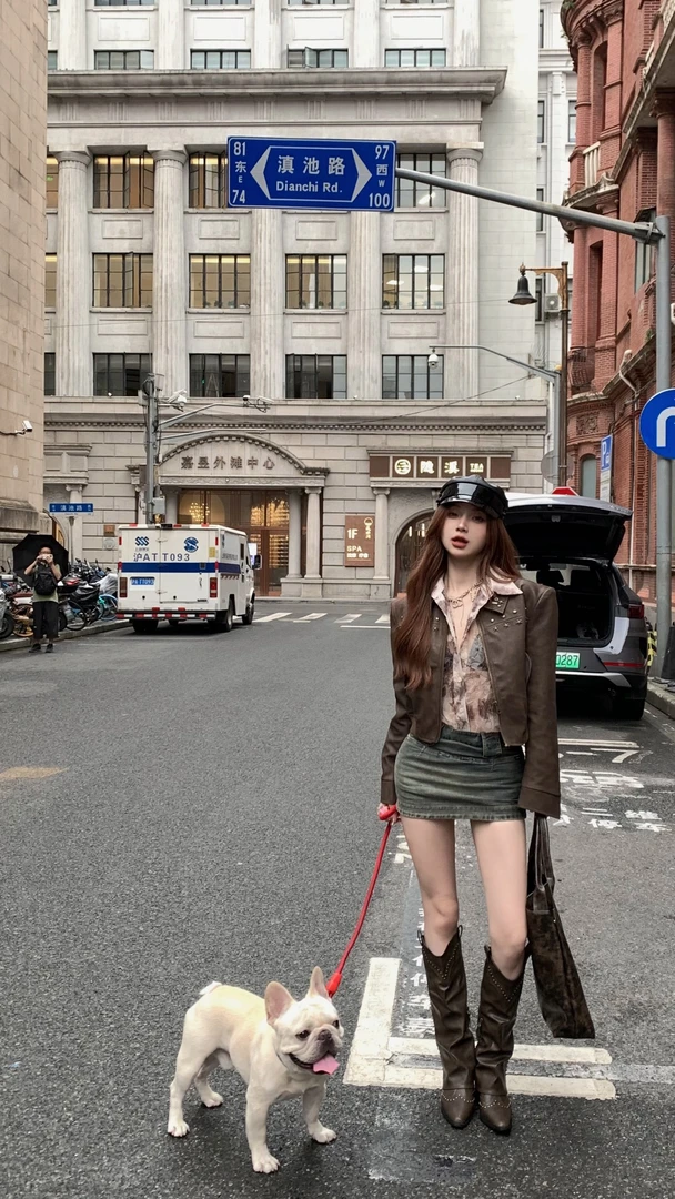 美式复古短款皮衣纯欲玫瑰满印网纱衬衫高腰包臀牛仔短裙酷辣穿搭