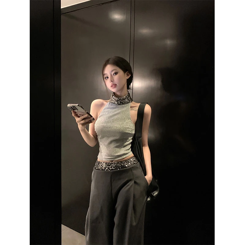街头松弛感2025春季新款高级感自制闪银亮片背心上衣休闲阔腿西裤