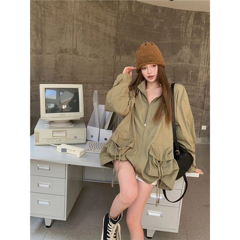 2024秋装新款复古性感露丝同款绿色工装服外套女宽松百搭风衣上衣