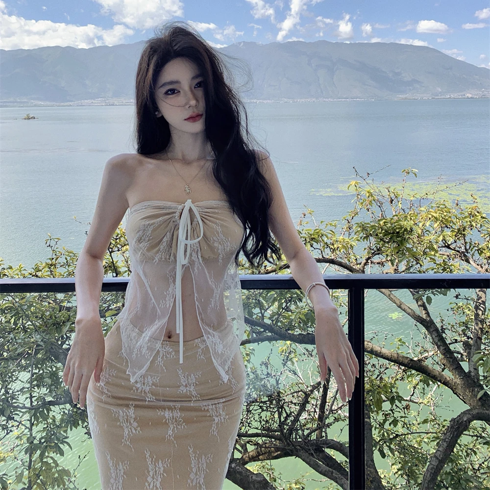 纯欲一字肩海边度假辣妹网纱镂空半身裙夏季女性感炸街抹胸两件套