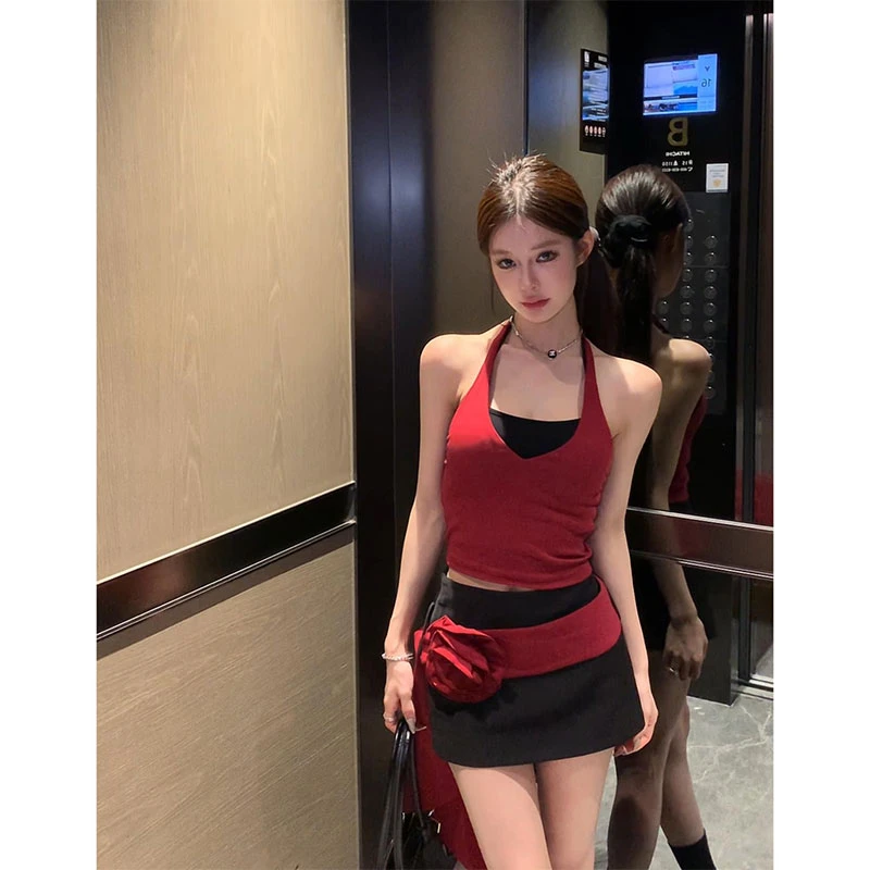 2024夏季新款可拆卸花朵腰带短裙v领绑带挂脖背心辣妹短裙套装女