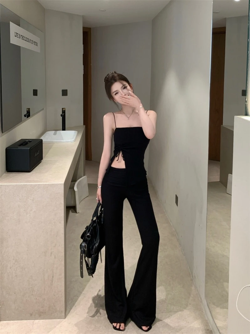 辣妹性感不规则设计抽绳带胸垫吊带女2024夏季新款显瘦微喇叭长裤