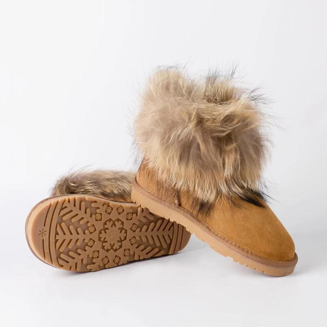 真皮狐狸毛雪地靴女鞋短靴时尚女士冬季秋冬加绒毛毛鞋