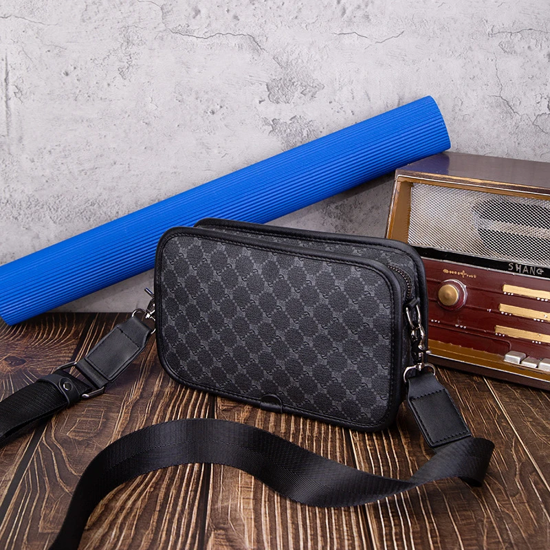 潮男士单肩包简约百搭户外小方包横款小挎包格子男包挎包批发