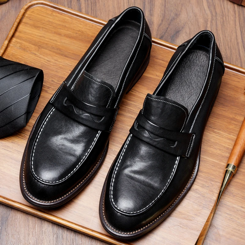 手工固特异水洗马皮男鞋乐福鞋夏季透气薄款真皮商务休闲小皮鞋男