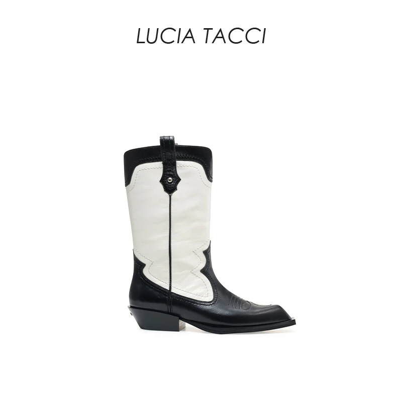 【惊喜价】luciatacci秋冬经典西部牛皮牛仔靴直筒中筒靴女