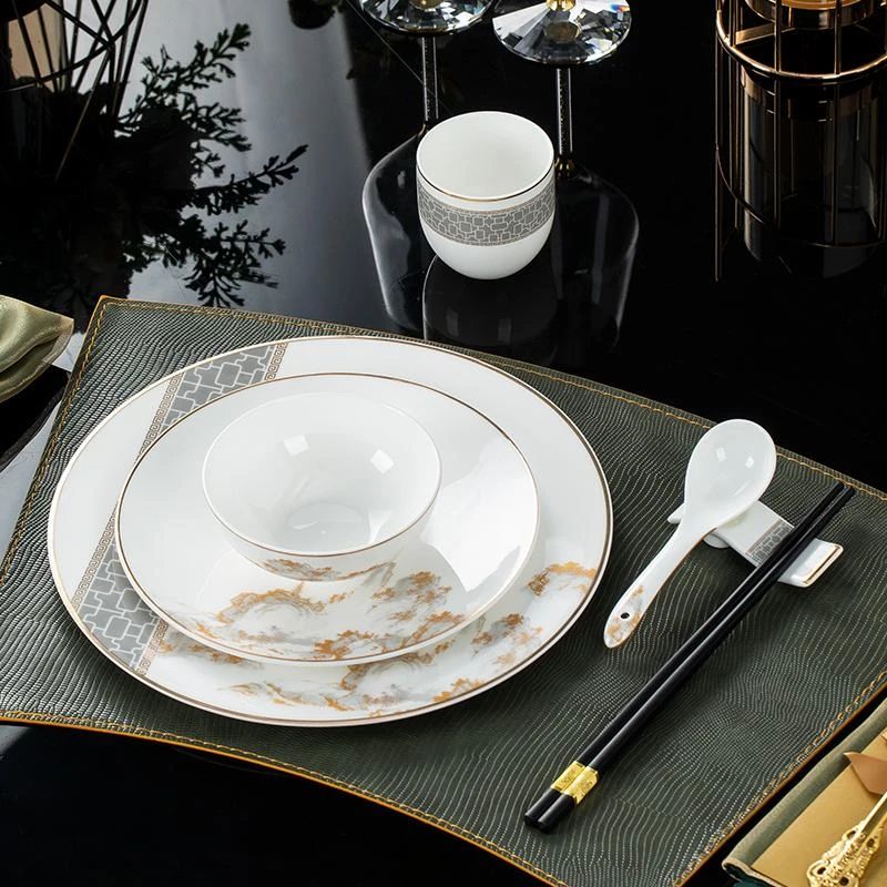 鸿鲤会所碗碟酒店摆台餐具套装高档餐厅豪华包厢陶瓷碗盘logo定制