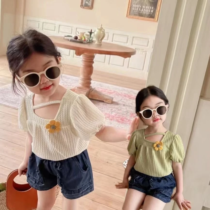 ins女童夏装2023新款韩版儿童短袖T恤夏季上衣女宝宝洋气泡泡袖潮