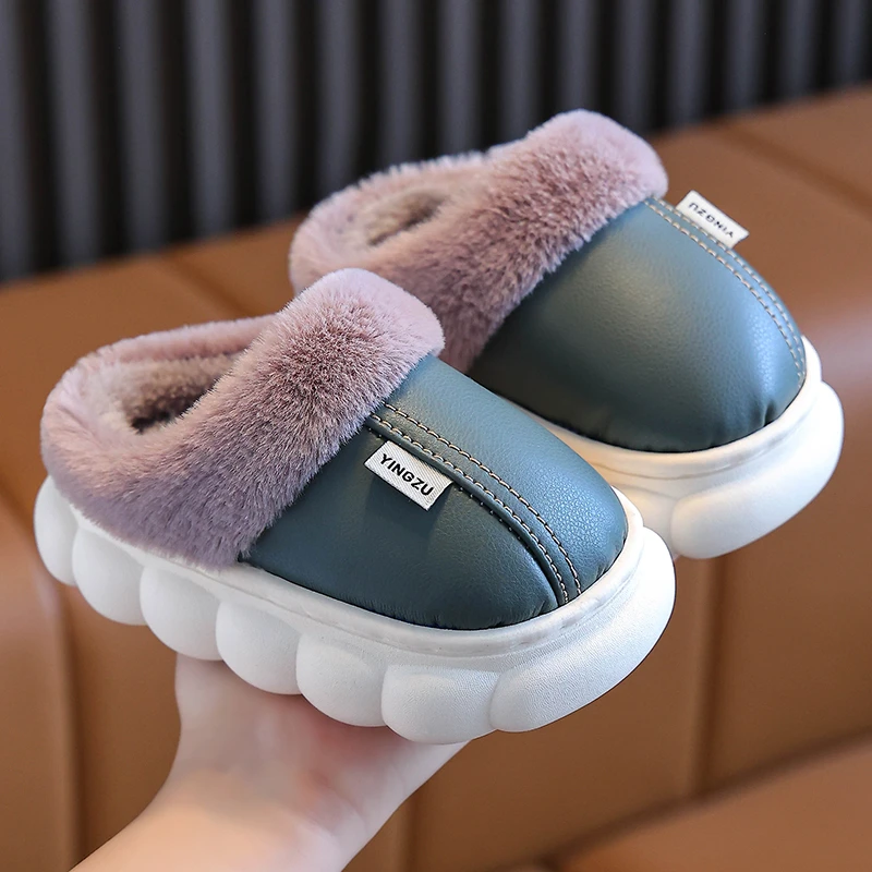 儿童棉拖鞋皮质PU防水防滑秋冬季加厚防滑软底亲子室内外棉鞋