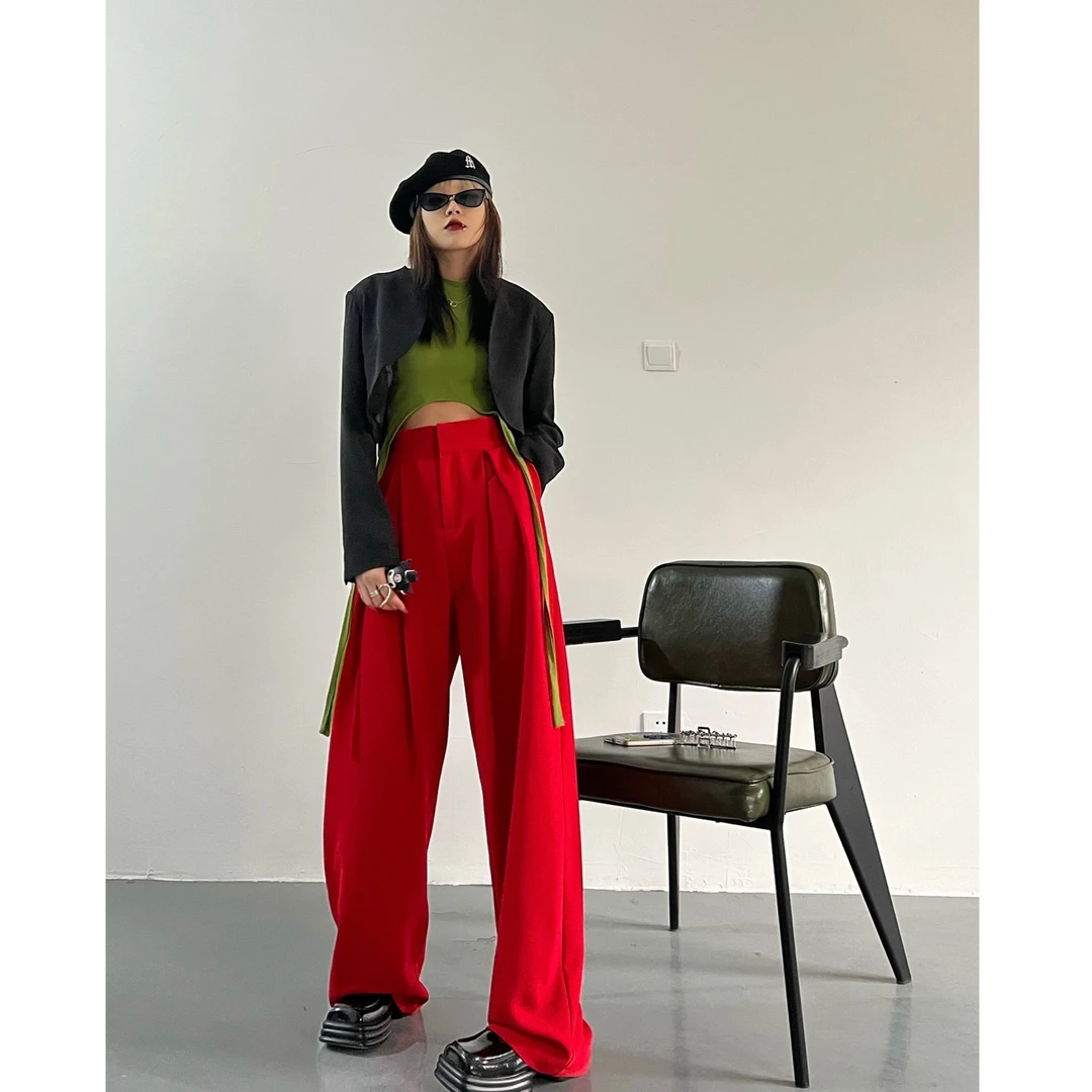 春秋新款韩版小众设计高腰垂坠感红色阔腿显瘦直筒拖地裤女