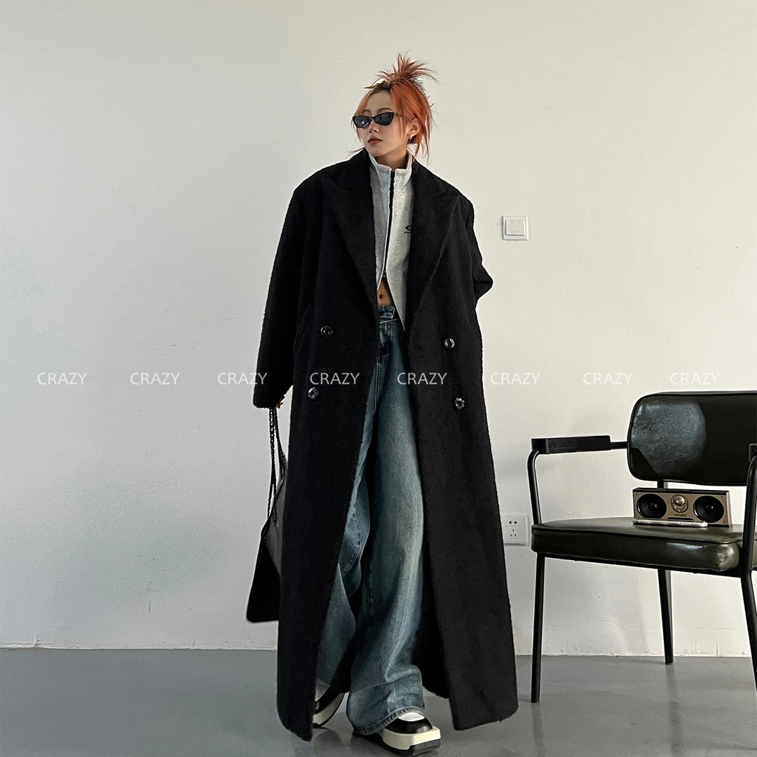 秋冬赫本英伦风加厚黑色宽松加长款绒绒毛呢大衣毛茸茸风衣外套女