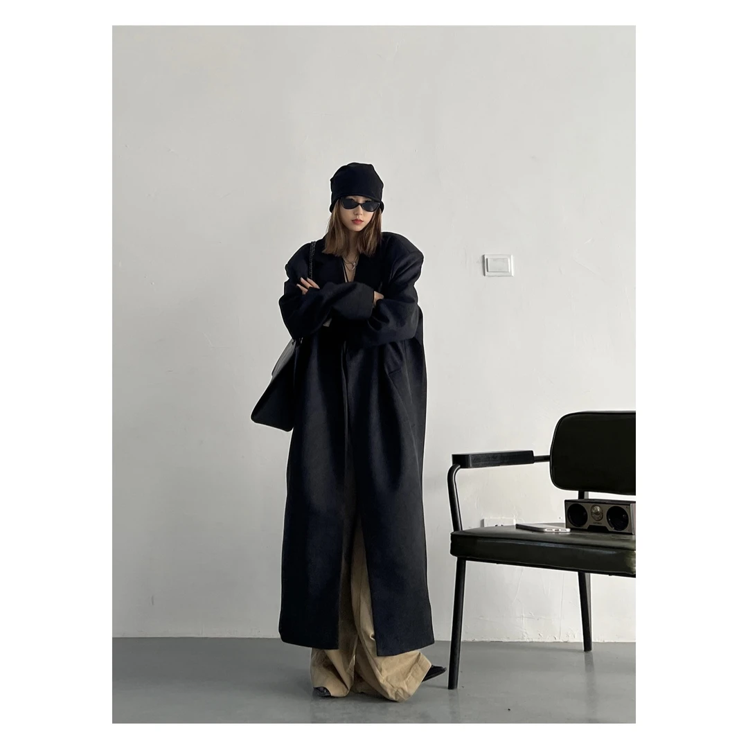 2024秋冬新款美式复古炸街宽松bf慵懒风廓形黑色毛呢大衣外套女潮