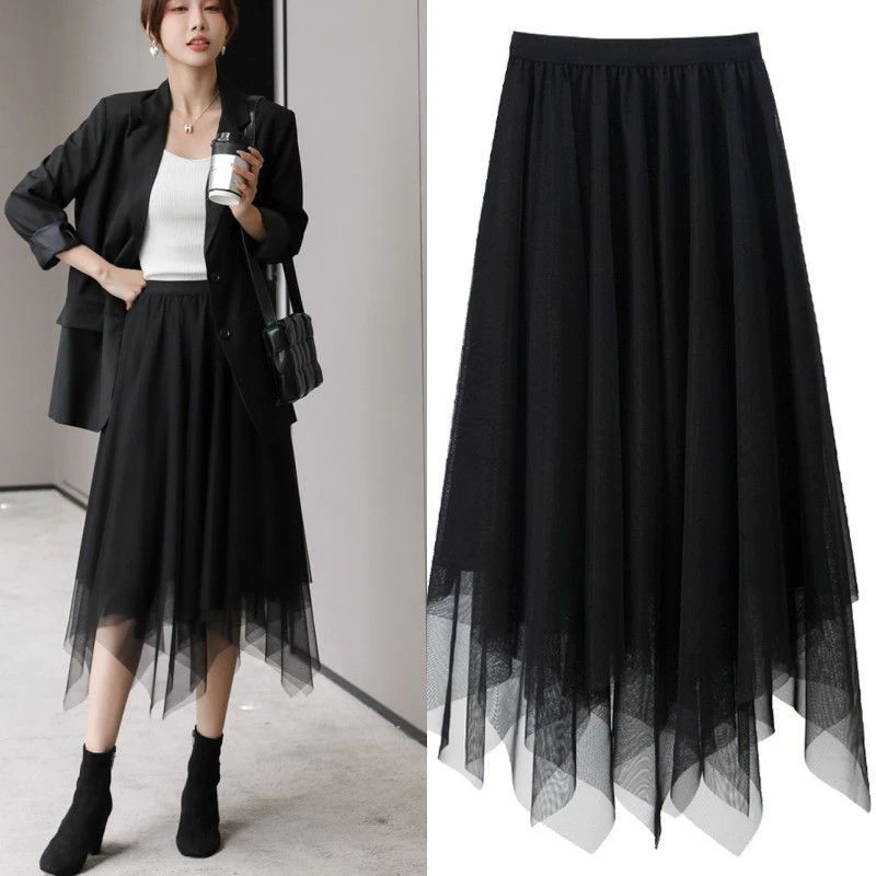 不规则网纱半身裙2025新款四季可穿中长款百搭高腰720度大摆裙