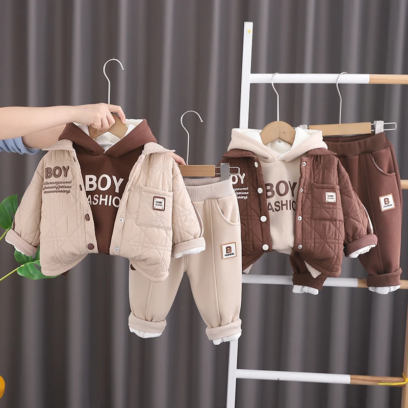 男童冬装套装2024新款酷帅儿童加绒加厚夹棉外套三件套秋冬衣服潮