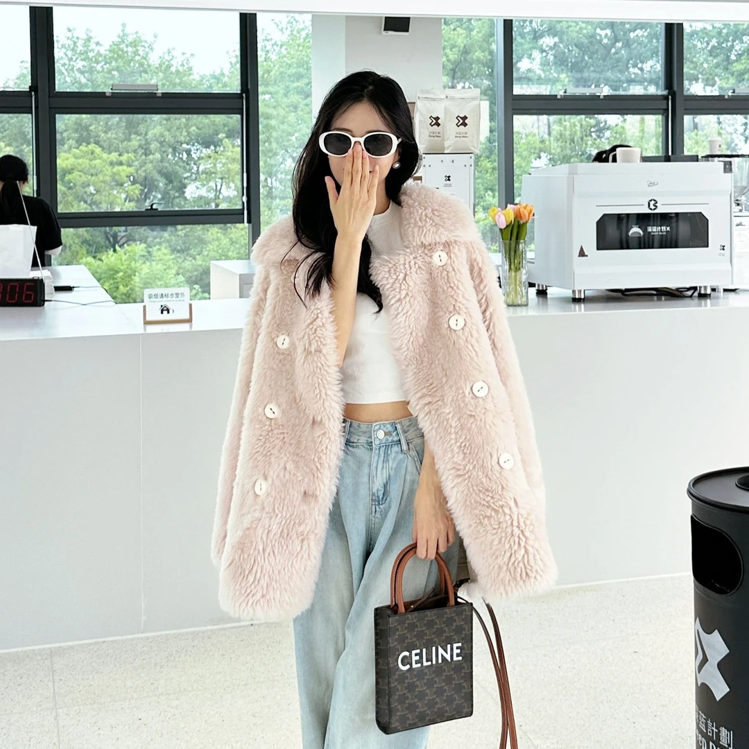 韩系2024冬季新款100%羊毛外套女双排扣宽松百搭时尚保暖