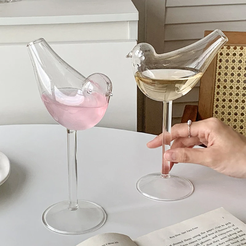 创意高脚玻璃杯网红果汁饮料气泡水杯鸡尾酒杯子小鸟杯子网红可爱