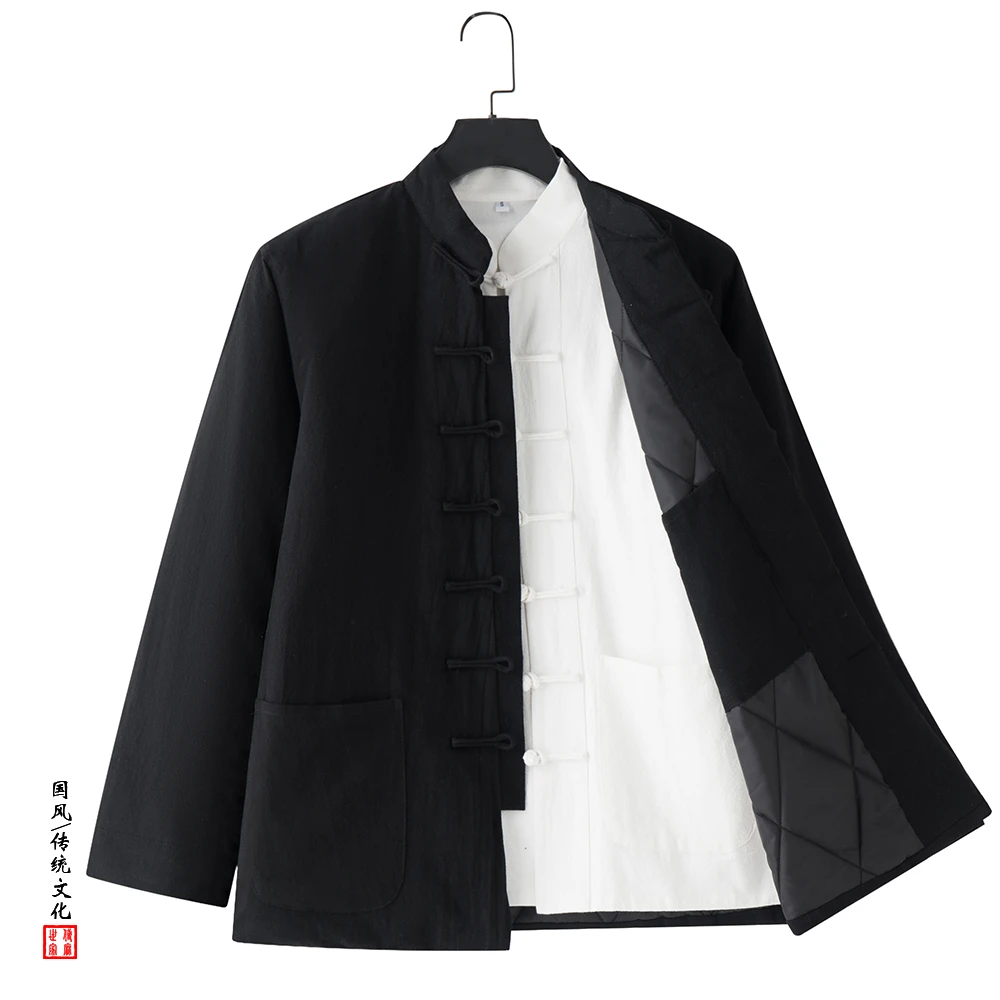 冬季棉衣男士中国风复古盘扣中式中老年棉麻唐装加厚保暖棉服外套