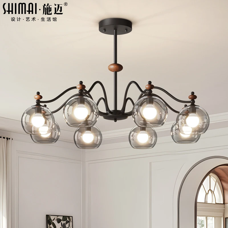 中古风客厅吊灯大厅主灯2024新款护眼家用复古胡桃木纹玻璃餐厅灯