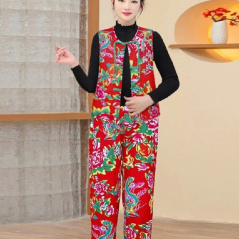 民族风东北大花马甲套装广场舞演出服加绒马夹套装