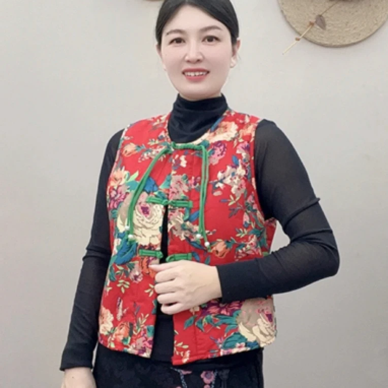 东北大花春秋款薄绒马甲网红短款小个子款广场舞