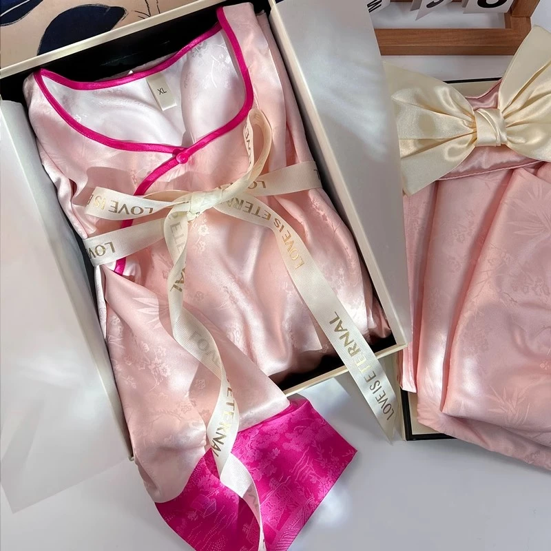 古风新中式高级感国风睡衣女冰丝春夏季提花复古长袖家居服可外穿