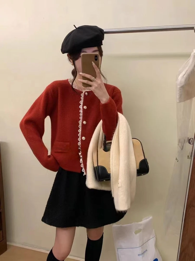 国风假荷包加厚蕾丝边珍珠扣设计针织衫小个子保暖时尚单排扣百搭