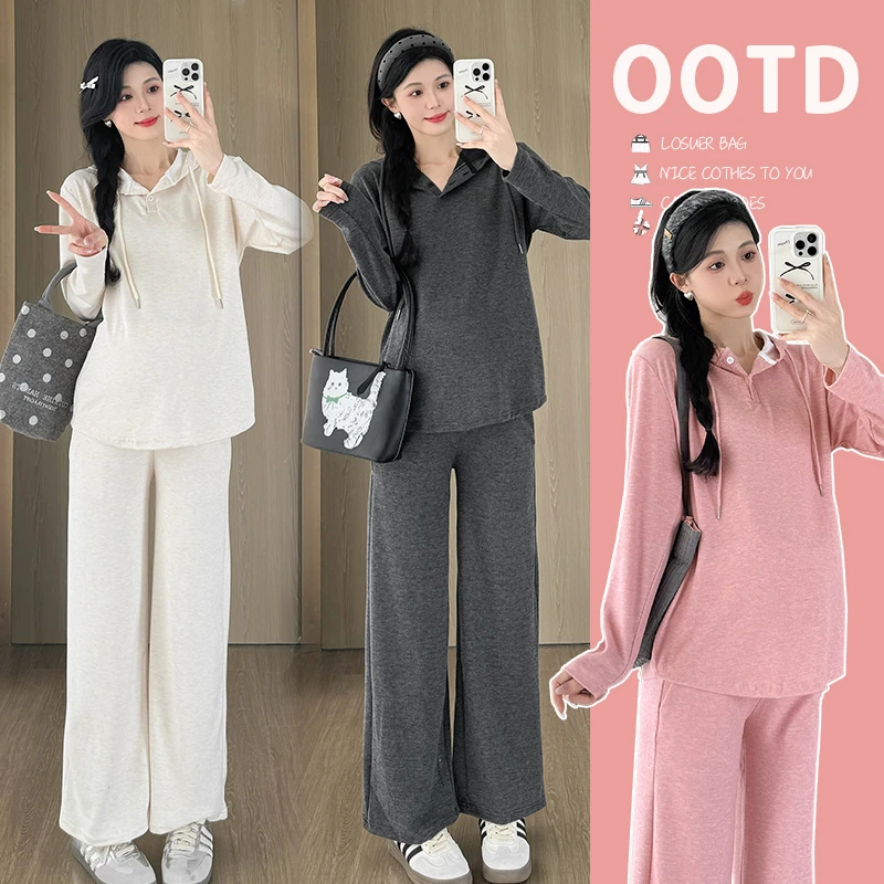 2024秋季新款孕妇装套装长袖连帽卫衣托腹裤休闲两件套潮妈时尚款