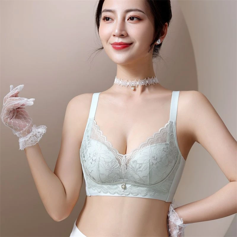 内衣女薄款透气聚拢小胸上托防下垂调整型无钢圈蕾丝收副乳文胸