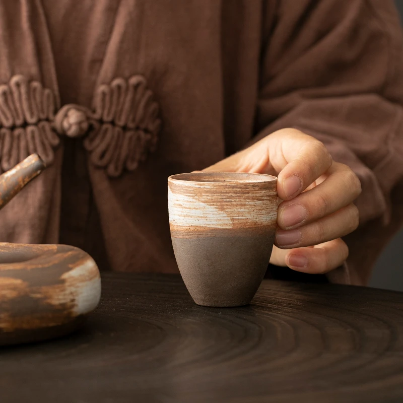 原矿老陶泥复古半手工粗陶日式陶瓷茶具闻香杯小茶杯主人杯品茗杯
