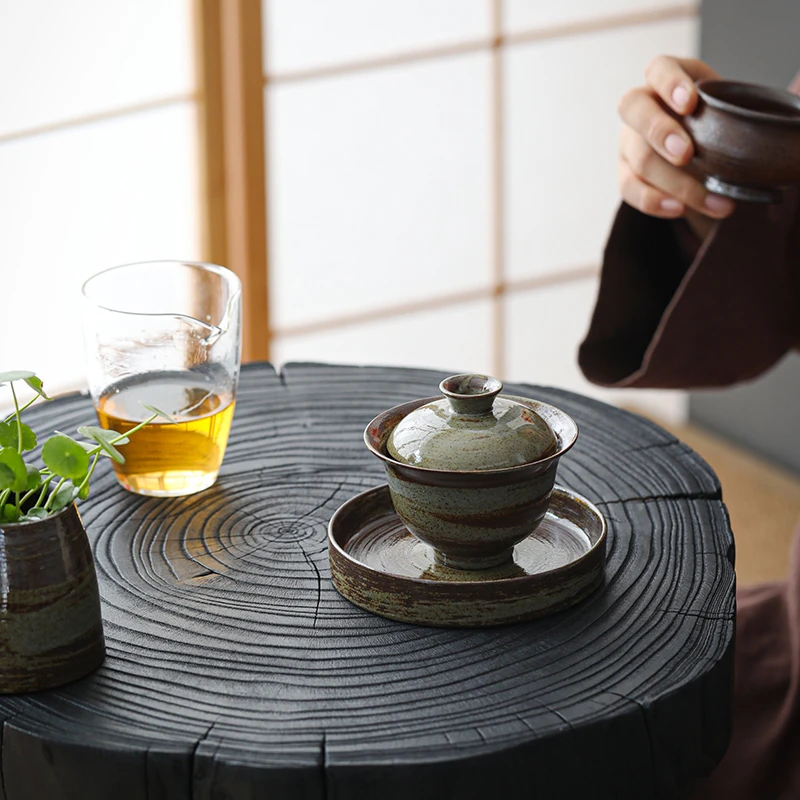 原矿老陶泥复古风手工粗陶日式陶瓷功夫茶具防烫三才盖碗泡茶单品